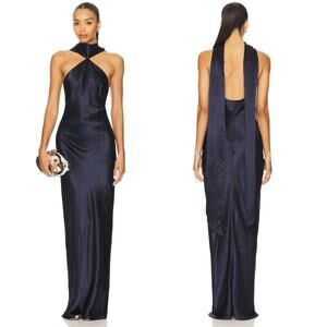 AMANDA UPRICHARD Ashton Navy Blue Halter Scarf Maxi Dress Size Medium